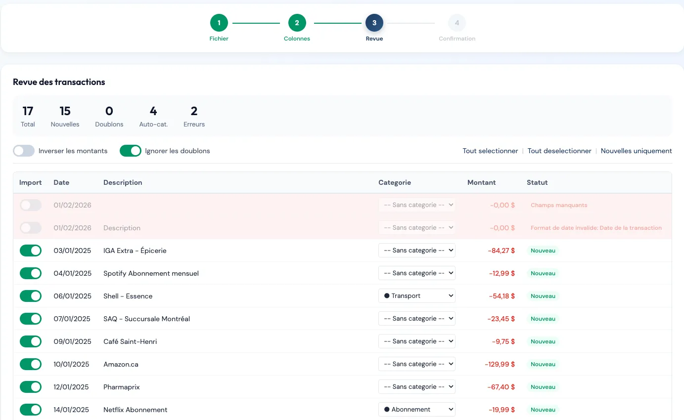 Validation des transactions CSV